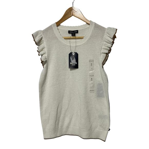 NAUTICA JEANS WOMENS SIZE MEDIUM COTTON RUFFLE-SLEEVE SWEATER IVORY - Picture 3 of 11